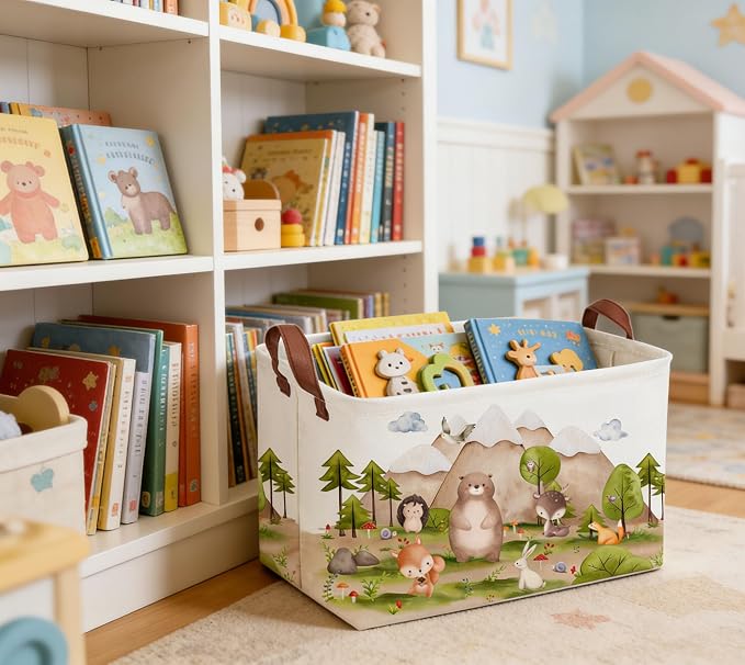 Sanjiaofeng Rectangular Forest Animals Kids Laundry Basket Animal Hamper for Nursery Waterproof folding Kids Storage Basket Woodland Animals Room Decor Books Box Gift Baskets(Mountain animal) - Image 2