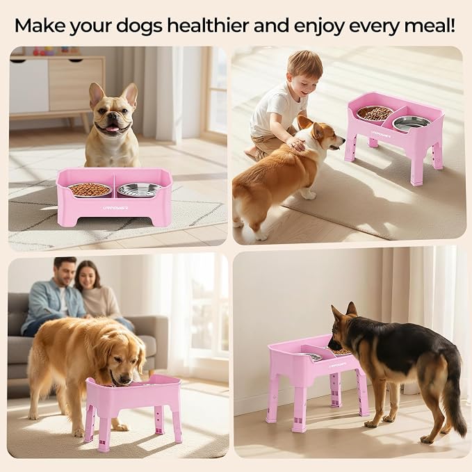 URPOWER Mess Proof Elevated Dog Bowls, Splash Guard Raised Bowl Stand | 4 Adjustable Heights, 2 Stainless Steel Bowls, Food & Water Separation, Foldable Design Non-Slip for Small Medium Large Dogs - Image 8