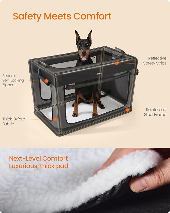Feandrea Collapsible Dog Crate, Portable Oxford Fabric Pet Carrier, 48-Inch | For Extra Large Dogs, 4 Mesh Doors, Handles, Storage Pocket, Water Bottle Holder, Black and Gray BAX Collection UPDC022BH01 - Image 5