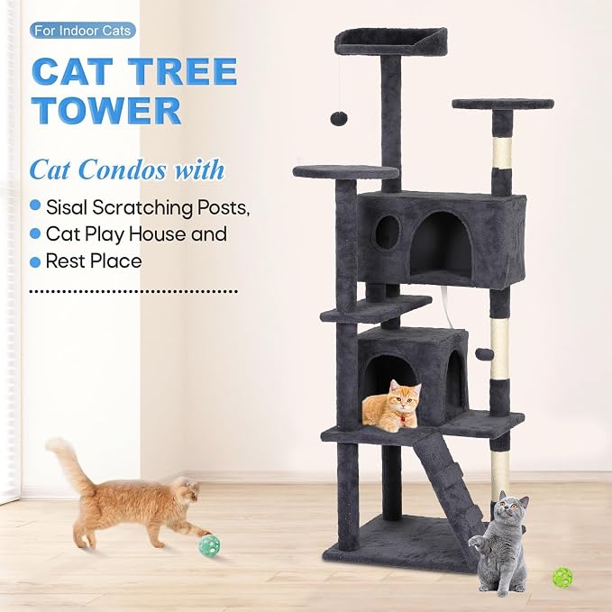 FDW | 62" Cat Tree Tower | Dark Gray | Multi-Level Indoor Activity Center with Sisal Scratching Posts, Condos, Plush Perches, Hanging Cat Toys | Sturdy, Easy to Assemble | for Kittens & Adult Cats - Image 2
