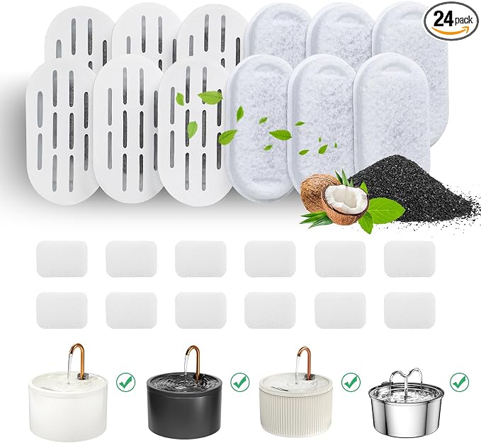 DOOOB Cat Water Fountain Filter, 24 Pack Cat Fountain Filters | Cat Fountain Replacement Filters for DOOOB Cat Water Fountain, Pet Water Fountain Filters (12 Filters & 12 Sponges) by dooob