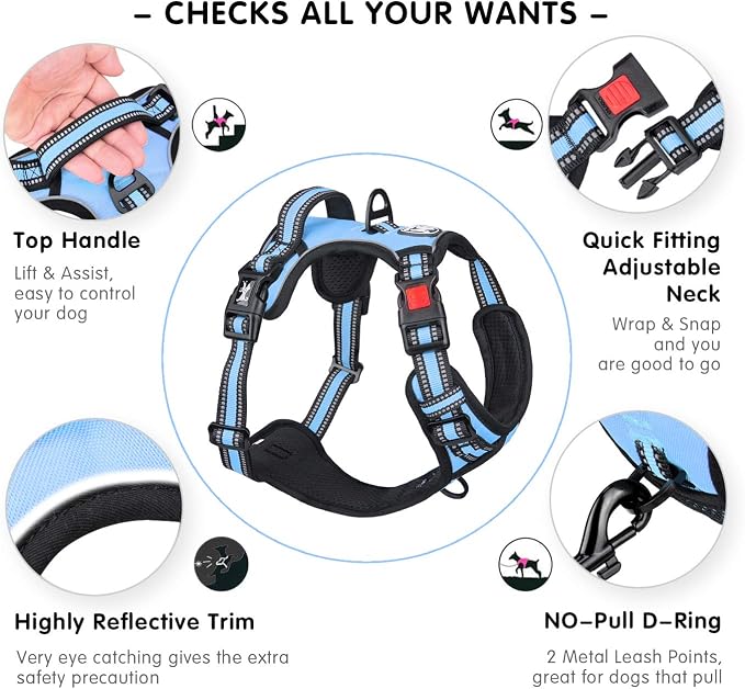 PoyPet Dog Harness Medium, No Pull Vest with Front/Back Clip & Neck Buckle | No Choke, Lockable, Reflective, 2 Lead Rings, Adjustable, Soft Padded Handle for Training Walking, M, Light Blue - Image 5