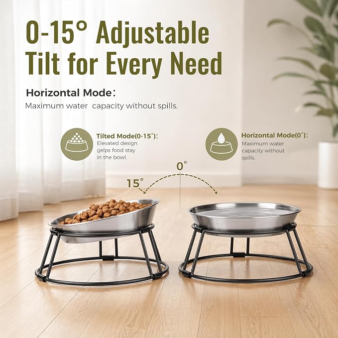 Adjustable Tilted Elevated Cat Bowls, Raised 304 Stainless Steel Cat Food and Water Bowls with Metal Stand, Non-Slip Pet Feeder for Small Cats and Dogs, Set of 2 - Image 2