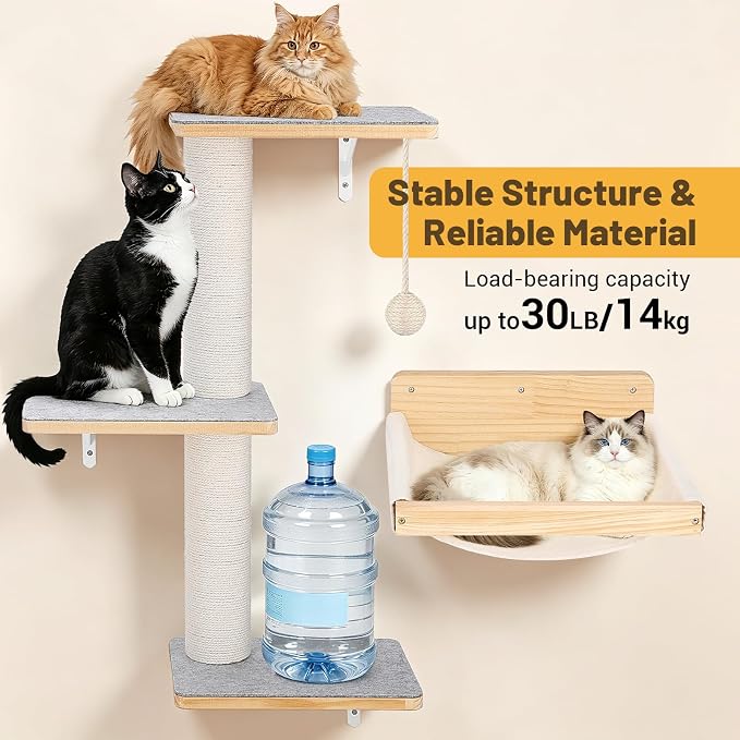 Wall Mounted Cat Shelves Set with Hammock | Sisal Scratching Posts, 3 Wooden Steps, Space-Saving Cat Tree, For Indoor Cats Up to 30 lbs - Image 3