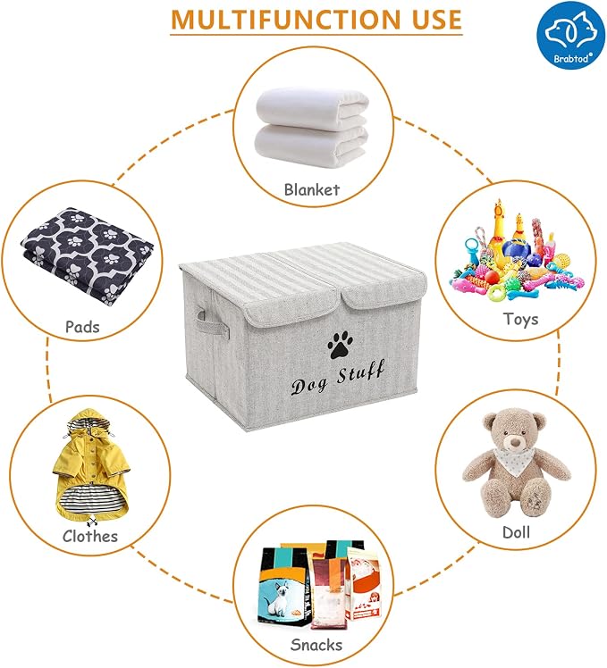 Large Dog Toys Storage Box Canvas Storage Basket Bin Organizer with Lid - Collapsible Linen Bin Ideal for Organizing Dog Cat Toys and pet Stuff-PP Boad-17" x 12" x 10" - Gray Stripe - Image 4