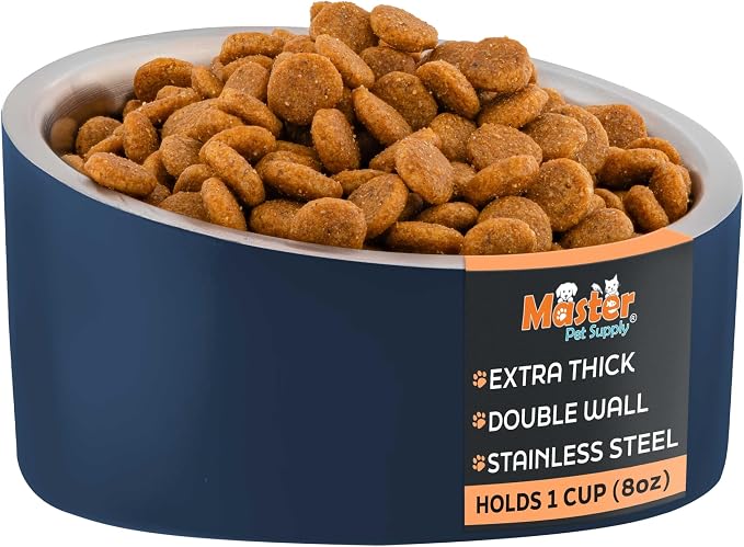 Master Pet Supply Stainless Steel Slanted Dog Cat Food Bowl 8 oz Navy Blue | Heavy Duty Double Wall Insulated, Non-Slip Elevated Bowl for French Bulldogs, Pugs, Cats, Anti Rust, Dishwasher Safe by MasterPetSupply