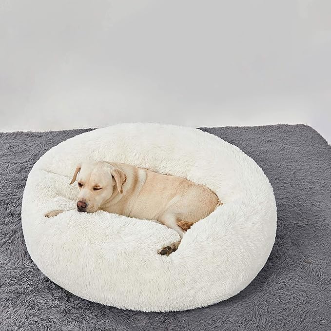 HACHIKITTY Calming Donut Cuddler Dog Bed, Round Fluffy Pet Bed for Large Dogs,Washable, Large, White, 30'' - Image 5