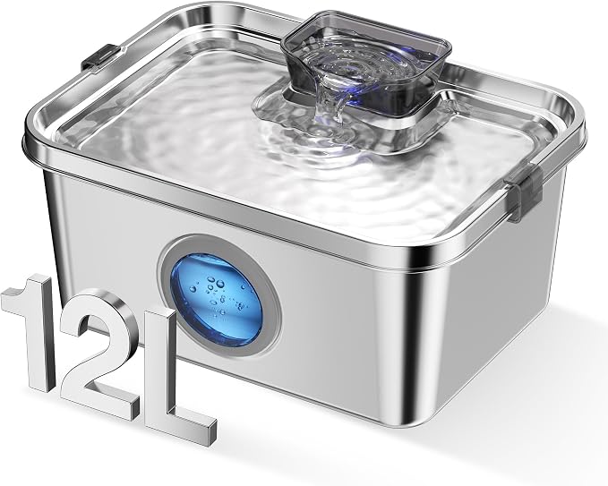 PETIMI Dog Water Fountain, 3 Gallons Stainless Steel Dog & Cat Water Fountain, Large Pet Water Fountain for Multiple Pets, Ultra Silent, Wide Mouth, Safety Lock, 3 Filters Included, Smart Water Pump by Unknown