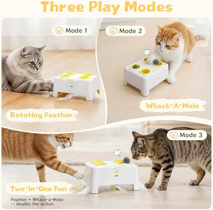 Interactive Cat Feather Toy Cheese Box 3in1 Whack a Mole | 3 Play Modes, Paw-Safe 4 Hole Whack-a-Mole, Anti-Slip Base, 4 Interchangeable Accessories, USB Rechargeable Auto Cat Toy - Image 3