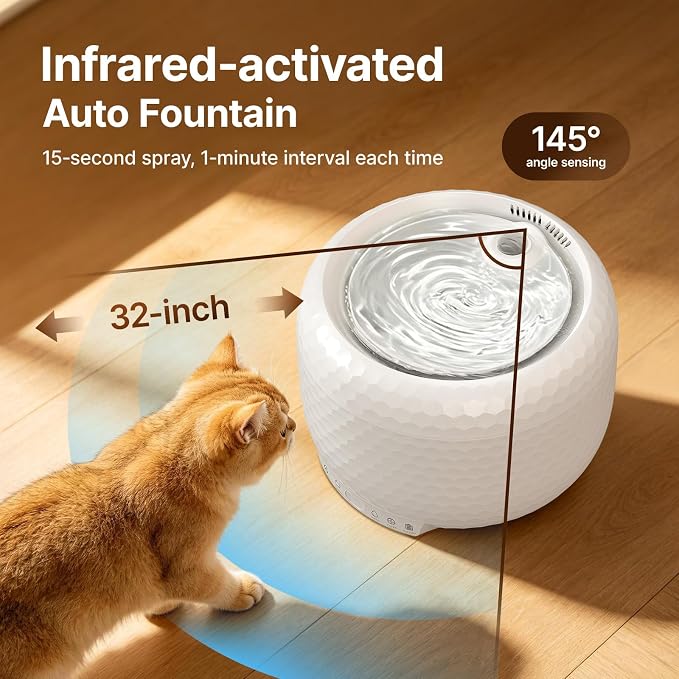 Red Dot Award Wireless Cat Water Fountain 1.8L/60oz, 145° Sensor Fountain with 5000mAh Battery, Silent Pump, Water-Electric Separation & Low Water Auto Shut Off for Cats Dogs - Image 5