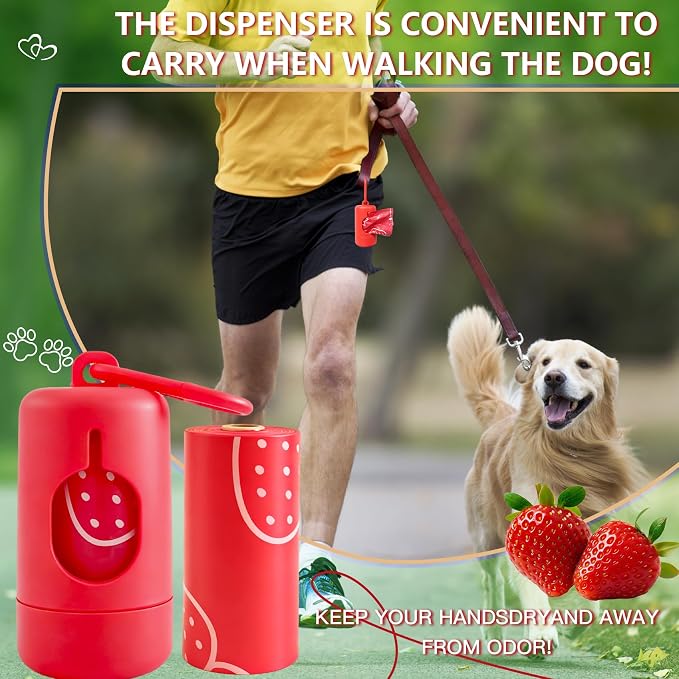 Strawberry Scented Dog Poop Bags - 8 Rolls 120 counts Leak Proof | Extra Large 13x9 Inch Red Dog poop bags rolls with Dispensers, Fragrance Bags for Dogs Walking and Cat Litter - Image 7