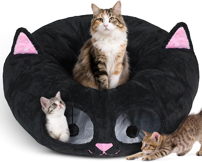 Baseola Fuzzy Cat Tunnel Bed for Indoor Cats, 2-in-1 Interactive Cat Toys | Peekaboo Cat Cave with Washable Mat, Collapsible Cat Play Tunnel for Kittens & Small Pets, Cat Donut Bed Tunnel, Black Pink - Image 8