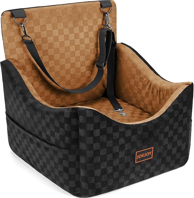 JOEJOY Elevated Dog Car Seat for Small/Medium Dogs up to 35 lbs, Memory Foam Booster Seat with Detachable Washable Cover, Travel-Safe Car Bed with Safety Belts & Storage Pockets, Brown by JOEJOY