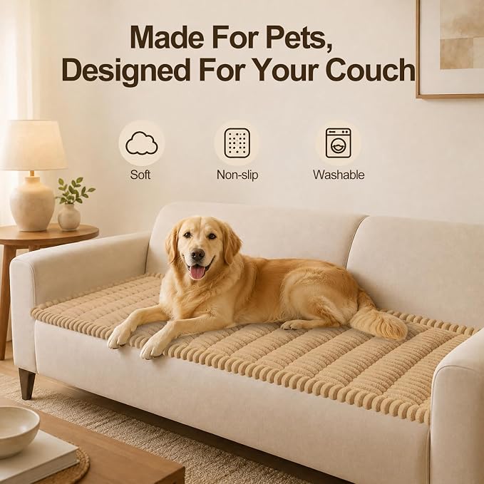 decorUhome Couch Cover for Dogs, Non Slip Fuzzy Thick Pet Sofa Protector | Pet Friendly, Machine Washable, Fits 3-Cushion Sofa, Protects Against Pet Hair & Daily Messes, Camel, 27.6" x 70.9" - Image 12