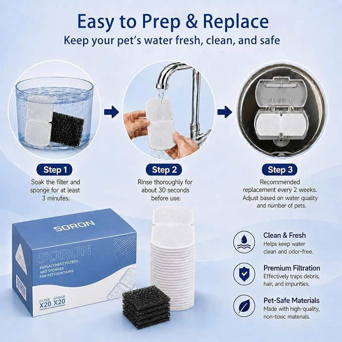 SORON 20 Pack Cat Water Fountain Filters Replacement, Compatible with GIOTOHUN/HOOISE/ATMZIQXR/UMOCUOY/IHOUONE 74oz/88oz/108oz Stainless Steel Pet Fountains, Premium Replacement Filters with Sponges - Image 4