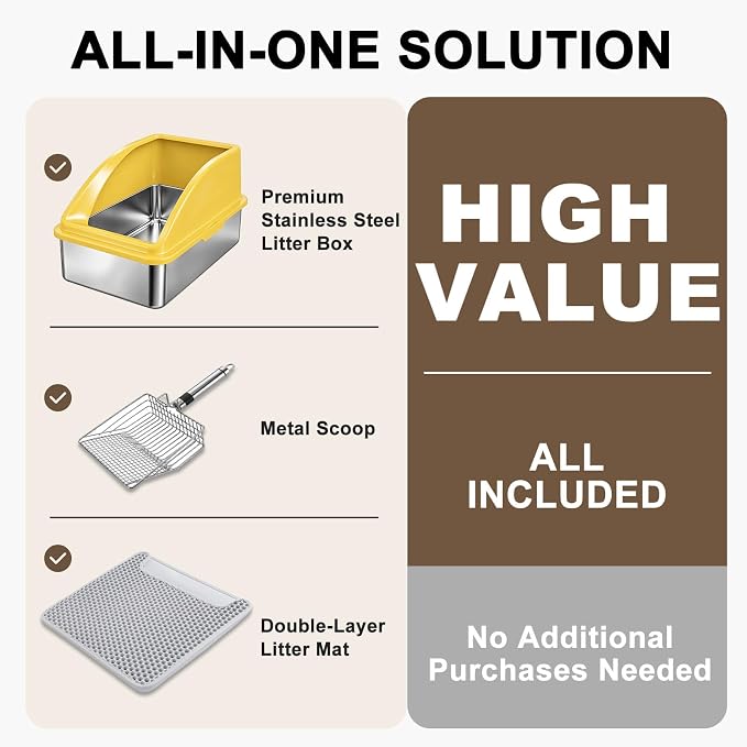 AIPERRO Stainless Steel Litter Box | XL Metal Cat Litter Boxes with Lid | Enclosed High Sided for Big Cats | Anti-Urine Leakage | Non-Stick & Easy to Clean with Litter Mat & Metal Scoop (Yellow) - Image 2