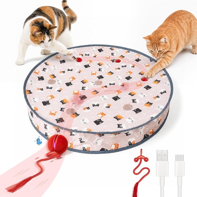 Cheerble Interactive Cat Toys 2 in 1, Automatic Moving Cat Ball with Tail & 7 Holes Play Mat, Hide and Seek Mouse Catching Game for Indoor Cats, Motion Activated Rechargeable Chirping Kitten Toys by CheerblePet