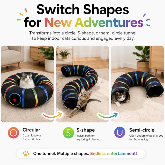Cat Tunnel Toy with Plush Ball & Cat Wand Feather Toys-Portable Tattaff Waterproof Washable-Interesting Pattern Collapsible Black Rainbow - Image 2