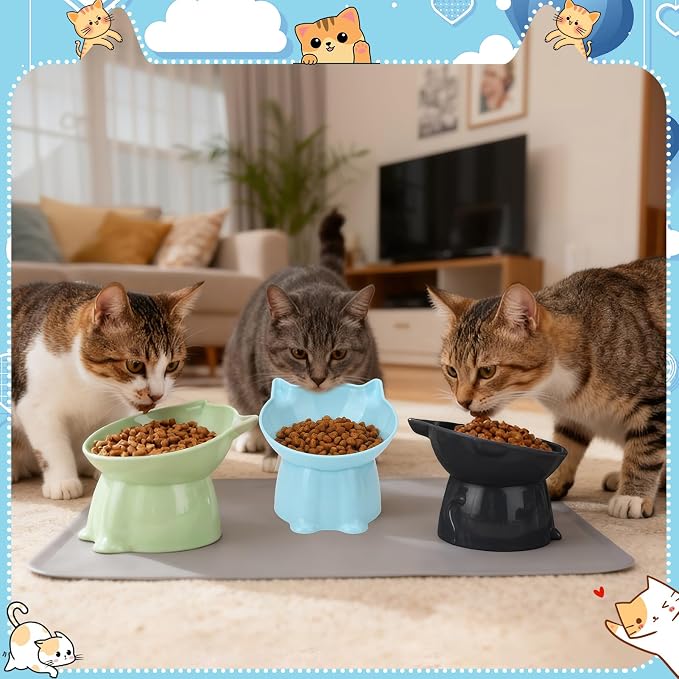 3 Pcs Elevated Cat Bowls 15°Raised Cat Food Bowl with Silicone Mat Green | Whisker Friendly Anti Vomiting Cats Dishes Pet Food and Water Bowls for Indoor Cats Kittens - Image 8