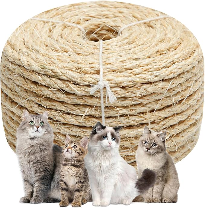 Natural Sisal Rope 1/4 Inch by 32-Feet for Cat Scratching Post Tree Tower Replacement Repair and Replace, DIY Hemp Twine Rope for Kittens Shelves Furniture Window Bed Perch House, 6mm by 10m by Juomid