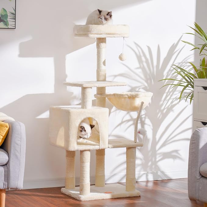 Heybly Cat Tree with Toy, 43.3 inch Cat Tower for Indoor Cats HCT004M | Cat Condo with Durable Sisal Scratching Posts, Cat House with Padded Plush Perch, Cozy Hammock, Beige - Image 2