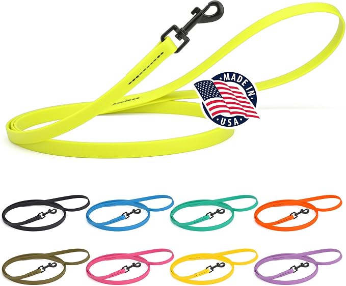 Dogline Biothane Waterproof Dog Leash Strong Coated Nylon Webbing with Black Hardware Odor-Proof Easy to Clean High Performance for Small or Large Dogs Made in USA 4 or 6 ft Lead, Safety Yellow by Dogline