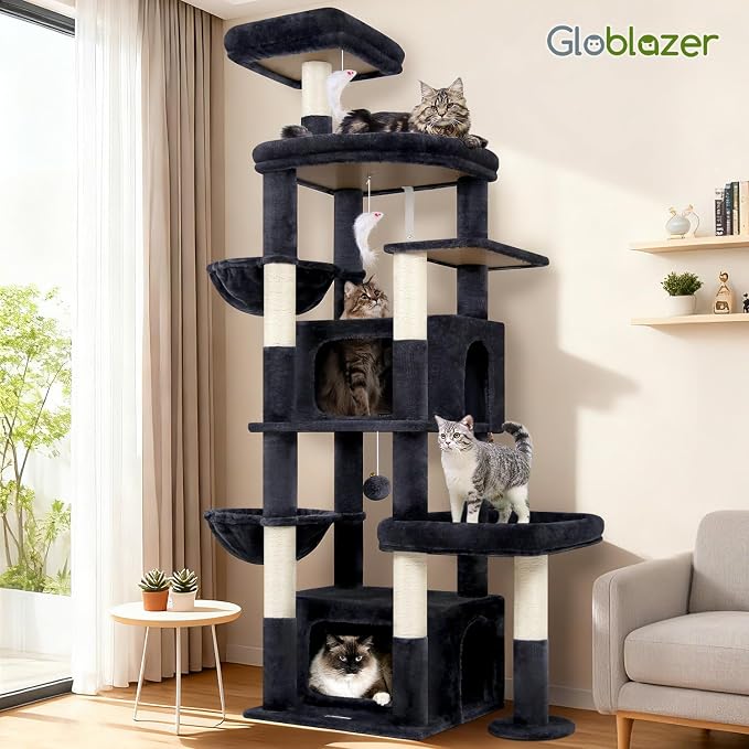 Globlazer 75in Sturdy Cat Tree Tower for Indoor Large Cats, S75, Dark Grey | Multi-Level Heavy Duty Cat Tower with Scratching Post, Oversized Condos & Perches for Big Cats, Large Baskets, Enlarged Base - Image 8