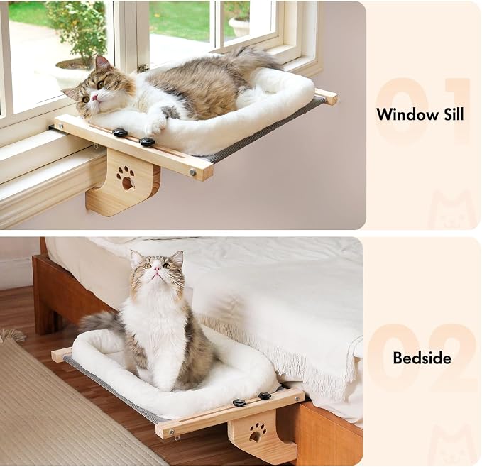 AMOSIJOY Wooden Cat Windowsill Perch with Zipper Cushion Bed, 27.5in | Sturdy Wood & Metal Frame Hold up to 40lbs, Machine Washable, Easy to Adjust, Hook-on Mounting Cat Hammock Seat for Large Cat - Image 8