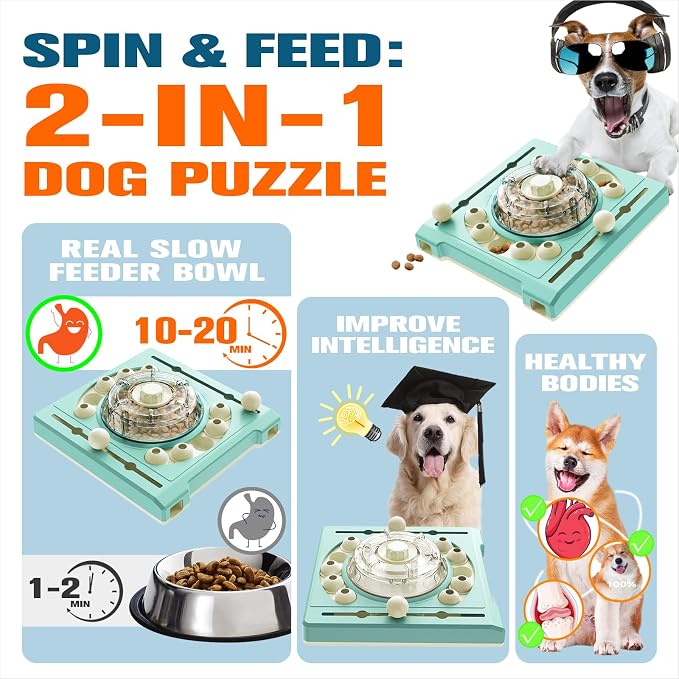 KADTC 2-Level Dog Puzzle Toy, Spin to Release Treat Dispenser & Slow Feeder | LARGE: Fill center hopper once. 2.5 cups of treats fuel 3 ways to play: slows fast eating;boredom-busting mental stimulation - Image 2