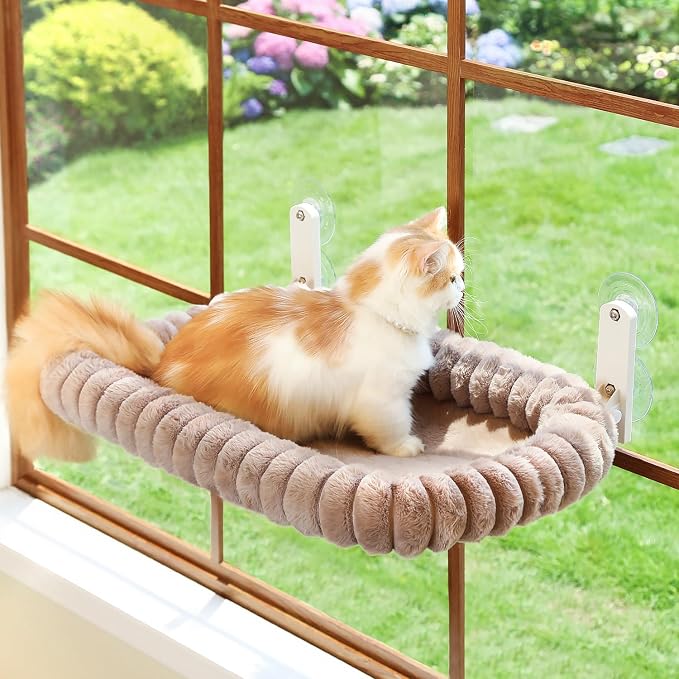 Zakkart SnugCloud Foldable Cat Window Perch - Cordless, Ultra Soft Machine Washable Bed with 4-Sided Bolster, Metal Frame - Window Hammock for Large Cats and Kittens (Brown, Large) by Zakkart