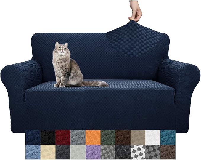 YEMYHOM Couch Cover Latest Jacquard Design High Stretch Sofa Covers for 2 Cushion Couch, Pet Dog Cat Proof Loveseat Slipcover Non Slip Magic Elastic Furniture Protector (Loveseat, Navy) by YEMYHOM