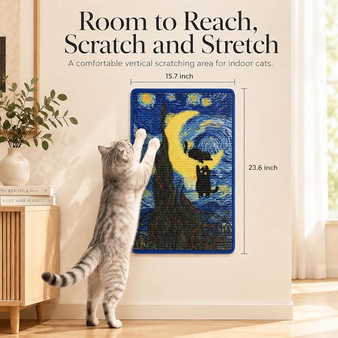 Art Sisal Cat Scratcher Mat, Cat Wall Scratchers for Indoor Cats | Wall Mounted Cat Scratcher, Natural Sisal, No-Drill Hook & Loop Setup, Floor or Wall Use, 23.6 x 15.7 Inch, Starry Night 2 - Image 2
