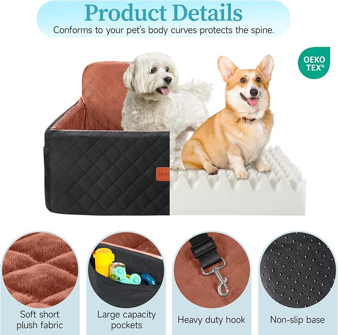HEGGCOOE Dog Car Seat for Medium/Large Dogs, Pet Booster Seat for Under 55 lbs or 2 Small Dogs, Detachable & Washable Dog Car Bed for Backseat with 2 Safety Leashes(Black/Brown) - Image 4
