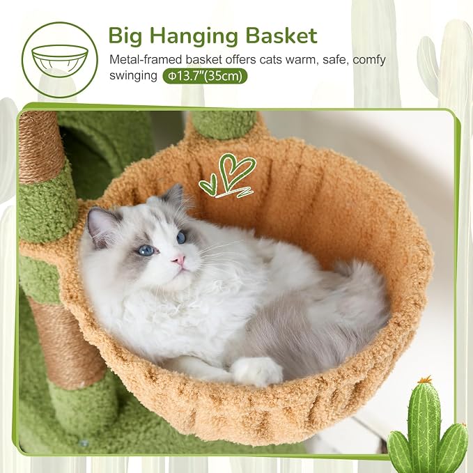 Globlazer 52in Cactus Cat Tree Tower for Indoor Cats, 2 Condos, S52, Green | Multi-Level Plush House, 5 Sisal Scratching Posts, 2 Padded Top Perches, Big Metal Basket, Stable Enlarged Base - Image 4