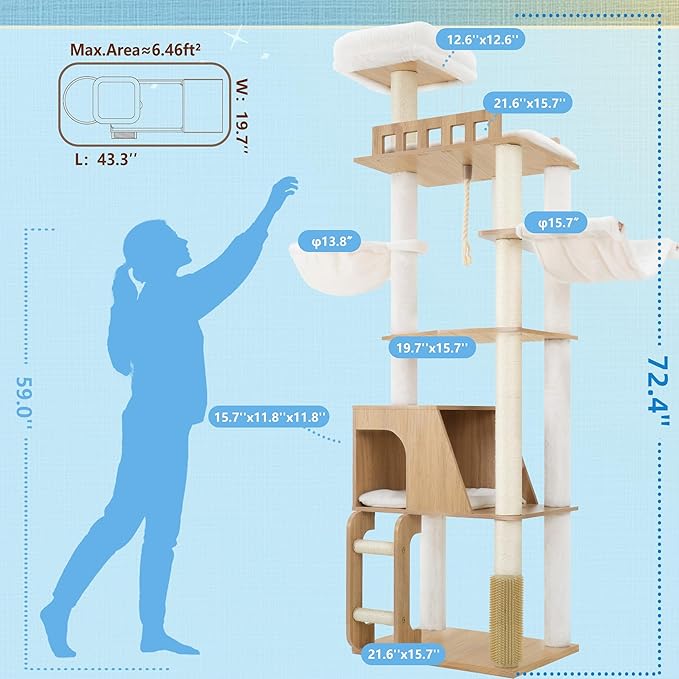 Hey-brother Wooden Cat Tree, Furniture Tower with Large Platforms, MPJ121BT | 69.7 inch, Modern Full Sisal Scratching Posts, Hammocks, Spacious Condo, Ladder, Brush, Water Proof Surface, White Oak - Image 2