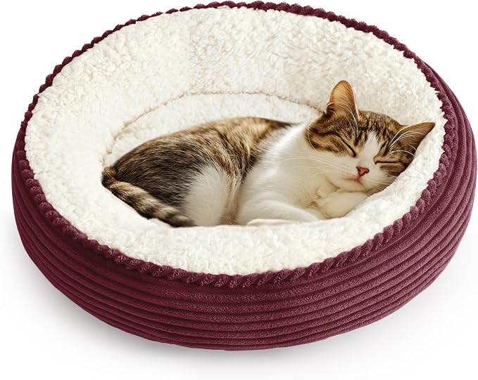 Love's cabin Round Donut Cat and Dog Cushion Bed, 20in Pet Bed for Cats or Small Dogs, Anti-Slip & Water-Resistant Bottom, Super Soft Durable Fabric Pet beds, Washable Luxury Bed Burgundy Stripe by Lovescabin