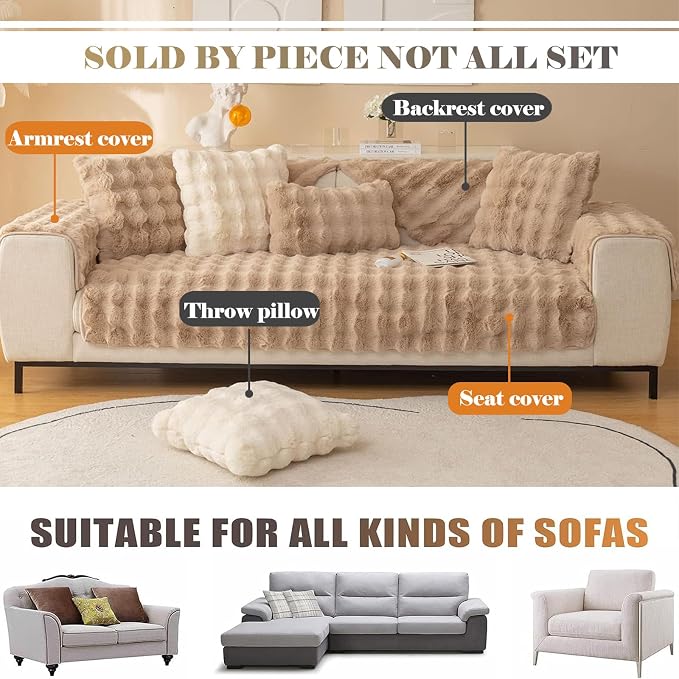 Faux Fur Couch Covers for Sofa Thick Fuzzy Sofa Covers for Dogs | Soft Warm Couch Cover Shaggy Fuzzy Sectional Sofa Cover Non-Slip Plush Sofa Slipcover Furniture Protector - Image 3
