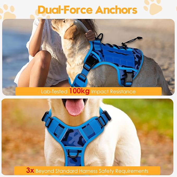 Heavy-Duty Tactical Dog Harness for Large Dogs, No Pull Adjustable Reflective Pet Vest with Molle System, K9 Military-Grade Control for Service Training, Outdoor & 10+ Breeds, Blue Camo, Large - Image 4