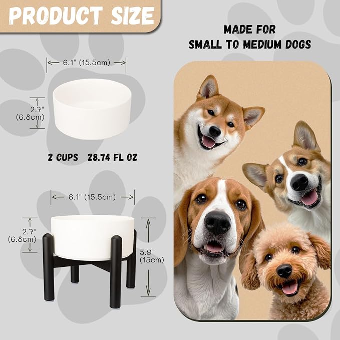Raised Ceramic Dog Bowl Set with Stand, 2 Cups Elevated Dog Food Stand | 6.1'' Single Dog Food or Water Bowl Set, Non-Slip Dog Feeding Dishes for Small to Medium Breeds, 28.75 OZ, White - Image 2