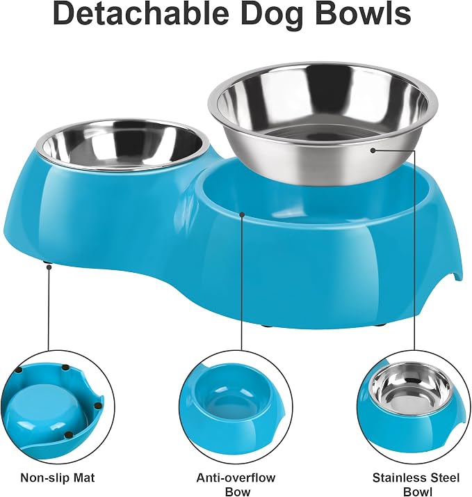 Double Dog Bowls and Food Bowls,Includes Small (4 fl oz) & Medium (10 fl oz) & Non-Slip Resin Station,Pet Feeder for Puppy Medium Dogs Cats - Blue - Image 5