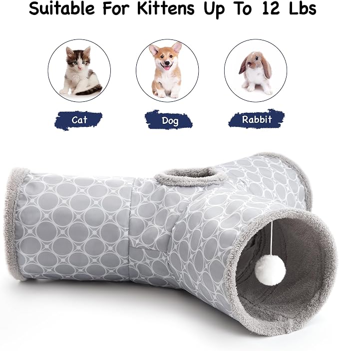 Tempcore Cat Tunnel for Indoor Cats Fleece-Lined in for Warmth, 3 Way Collapsible Pet Play Tunnel with Teaser Wand, Peek Holes & Hanging Ball, Interactive Tube for Kittens & Rabbits, Geometry Grey - Image 6