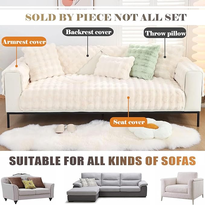 Faux Fur Couch Covers for Sofa Thick Fuzzy Sofa Covers for Dogs | Soft Warm Couch Cover Shaggy Fuzzy Sectional Sofa Cover Non-Slip Plush Sofa Slipcover Furniture Protector - Image 3