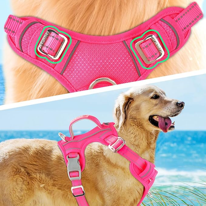 BARKBAY No Pull Dog Harness 3 Buckles Large Reflective Dog Harness with Front Clip and Easy Control Handle for Walking Training Running with ID tag Pocket(Pink,XL) - Image 8