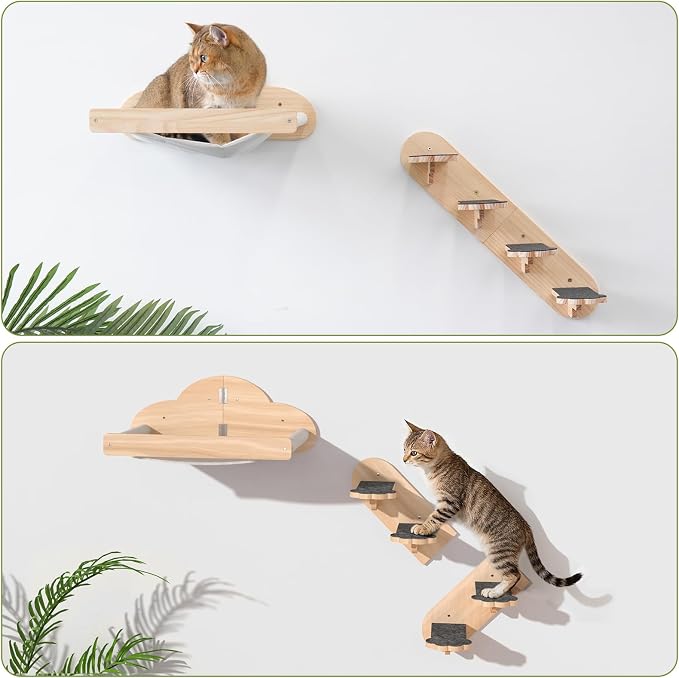 Wall Mounted Cat Hammock with 3 Climbing Steps,Pine Wood Cat Climbing Shelves & Perches up to 30lbs,Kitty Wall Shelf Furniture for Indoor Sleeping, Lounging,Climbing and Playing - Image 4