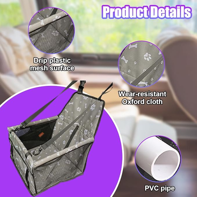 Pet Car Seat, Waterproof Oxford Dog Car Booster Seats, Grey Bone | with Seat Belt and Mesh Window, Breathable & Portable Foldable Travel Look Out Bag for Small Medium Dogs & Cats - Image 3