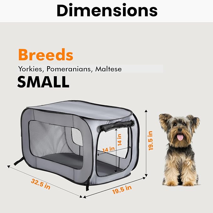 Portable Collapsible Pop Up Kennel, 32.5"L x 19.5"W x 19.5"H, Gray | Collapsible indoor/outdoor travel cat and dog crate with mesh screen windows pops up and folds flat for easy storage - Image 2