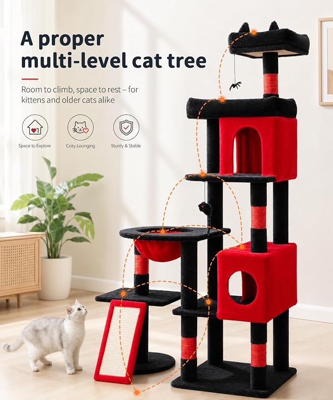 Gothic Cat Tree, 68 Inches Heavy Duty Cat Tower for Indoor Cat | Cat Tower with 2 Condos, Sisal Scratching Posts, Plush Platform & Hammock, Extra Stable Big Cat Furniture, Black Red - Image 2