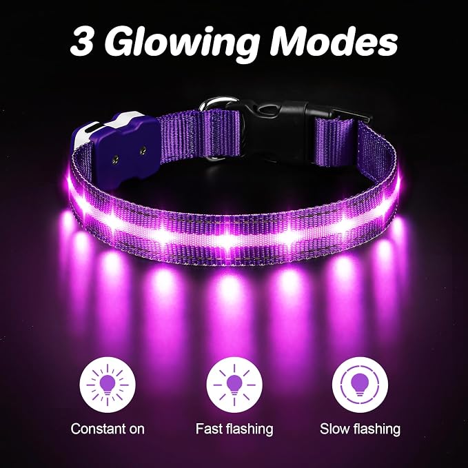 PcEoTllar Light Up Dog Collar, Led Dog Collar for Night Walking, Purple, L | Led Dog Collar for Night Walking, 3 Flashing Mode, USB Charge, For Small Medium Large Dogs, Waterproof, Durable Material - Image 2