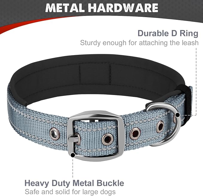 Joytale Reflective Dog Collar for XLarge Dogs with Wide Padding, Gray | Soft Cushion Reduce Neck Strain, Night Safety Walking, Metal Buckle and Adjustable Eyelets, Separated Dog ID Tag Ring - Image 5
