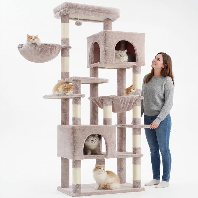 Heybly Cat Tree, 76-Inch Tall Heavy Duty Cat Tower for Big Cats HCT039MU | Multi-Level Large Cat Furniture with Extra Wide Baseboard, 2 Condos & 2 Hammocks, 10 Scratching Posts, Rosy Brown - Image 5